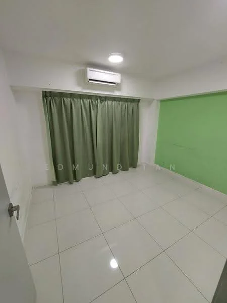 Room features: white painted walls, green accent wall, glossy ceramic tile flooring, 1 wall-mounted split AC, curtains in green, recessed ceiling lights; style: modern.