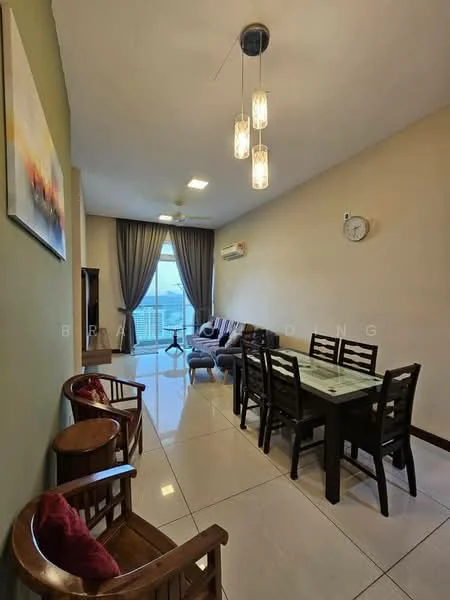 Dining features: dining table with glass top, 6 upholstered dining chairs, pendant lighting with three bulbs, wall-mounted clock, air conditioning unit, cream painted walls, large window with sheer curtains, tile flooring, decorative artwork on wall, two wooden chairs with cushions; style: modern; view: city. Living features: sofa chairs, wall-mounted TV, floor-to-ceiling windows, curtains, tile flooring; style: modern; view: city.