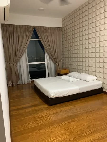 Bedroom features: king-size bed, wooden bed frame, white bedding, upholstered headboard, wooden bedside table, floor-to-ceiling windows, sheer curtains, dark brown wooden flooring, decorative wall with textured pattern, ceiling fan; style: modern; view: city.
