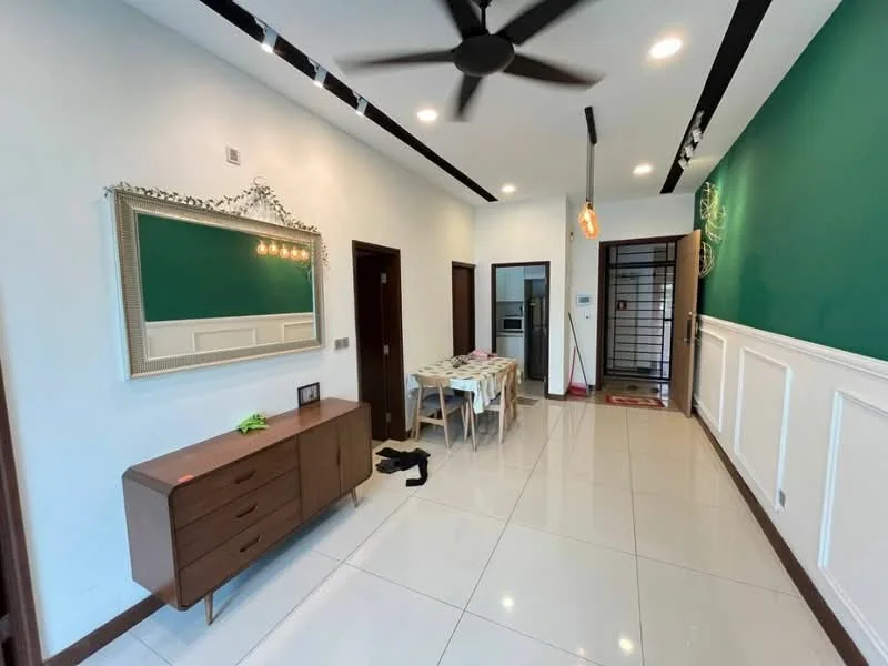Living features: white painted walls, green accent wall, polished ceramic tile flooring, 5-blade ceiling fan with light, recessed downlights, mirror with decorative frame, wooden sideboard with drawers, dining table with chairs, open layout, doorway leading to kitchen, doorway leading to hallway; style: modern.