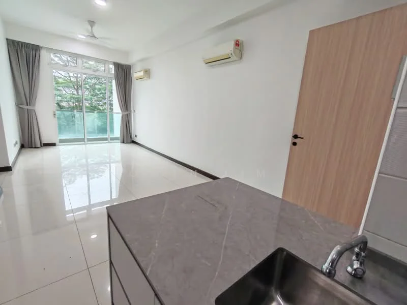 Living features: white painted walls, glossy ceramic tile flooring, 5-blade ceiling fan with light, floor-to-ceiling windows, sliding glass door, curtains, 2 wall-mounted split ACs, grey marble countertop, stainless-steel sink; style: modern; view: garden.