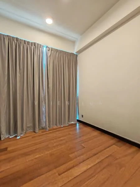 Room features: wooden flooring, light grey curtains, white painted walls, recessed ceiling lights; style: modern.