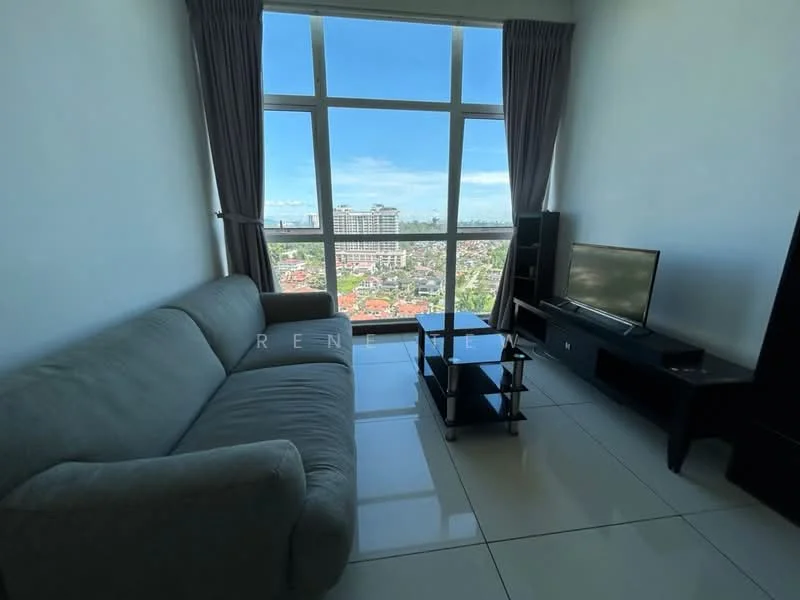 Living features: grey fabric sofa, glass coffee table, black TV console, wall-mounted TV, floor-to-ceiling windows, curtains, white walls, glossy tile flooring, city view; style: modern; view: city.