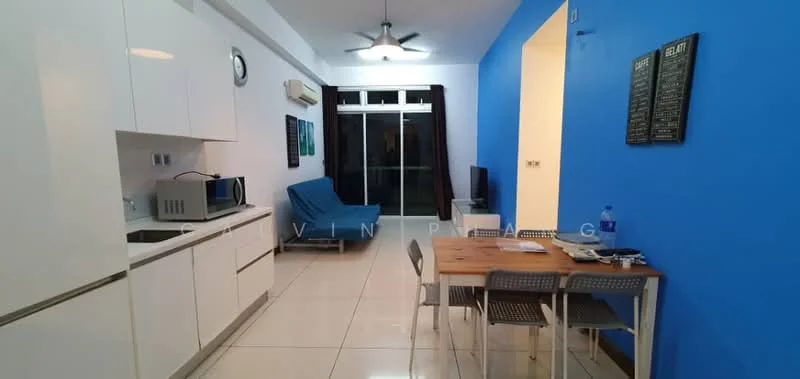Living features: white cabinetry, stainless-steel sink, built-in microwave, freestanding range oven, refrigerator, blue accent wall, white walls, ceiling fan with light, dining table with chairs, sofa in blue fabric, floor-to-ceiling windows, tile flooring; style: modern.