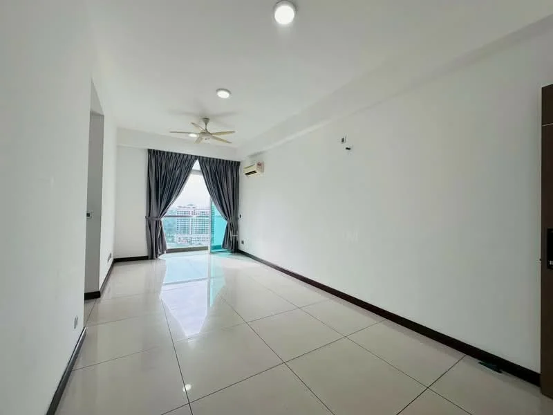 Living features: white painted walls, polished ceramic tile flooring, 5-blade ceiling fan with light, floor-to-ceiling windows, sliding glass door, curtains, wall-mounted split AC, recessed downlights; style: modern; view: city.