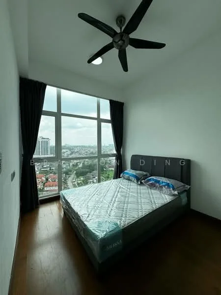 Bedroom features: king-size bed, upholstered headboard, floor-to-ceiling windows, blackout curtains, 5-blade ceiling fan, wooden flooring, city view, decorative wall, nightstand, bedding with blue pattern; style: modern; view: city.