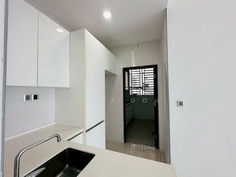 Kitchen features: white cabinetry, single-bowl stainless-steel sink, chrome pull-down faucet, white countertop, tile backsplash, built-in oven, stainless-steel range hood, recessed downlights, ceramic tile flooring; style: modern. Room features: white walls, window with metal grilles, tile flooring.