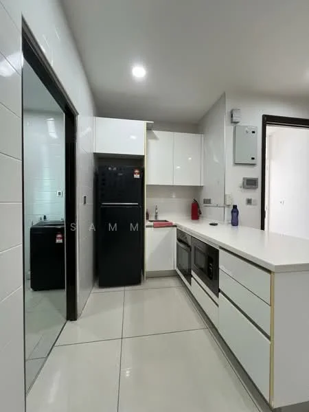 Kitchen features: white cabinetry, black refrigerator, built-in oven, microwave, white countertop, ceramic tile flooring, recessed downlights, single-bowl stainless-steel sink, chrome pull-down faucet, back wall with white tiles, open shelving, black dishwasher; style: modern.