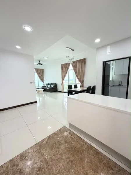 Living features: white painted walls, marble tile flooring, 5-blade ceiling fan with light, floor-to-ceiling windows, sheer curtains, sofa in dark grey, coffee table, TV console, area rug, dining table with black chairs; style: modern; view: city. Kitchen features: white cabinetry, stainless-steel appliances, granite countertop, open layout, recessed downlights; style: modern.