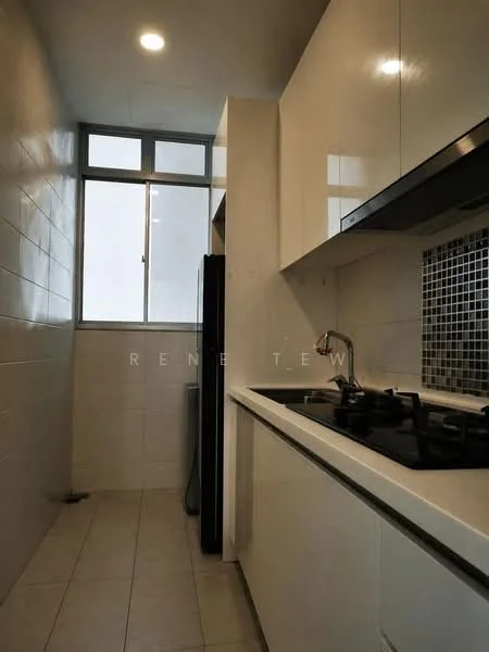 Kitchen features: white glossy cabinetry, black gas stove with multiple burners, stainless-steel sink, chrome pull-down faucet, white tiled walls, light-colored tile flooring, window with grid pattern, built-in refrigerator, mosaic tile backsplash; style: modern.