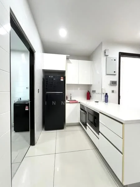Kitchen features: white cabinetry, black refrigerator, built-in oven, stainless-steel sink, chrome faucet, white countertop, ceramic tile flooring, recessed downlights, wall-mounted microwave, black dishwasher, open shelving, laundry area visible, modern design, neutral color scheme; style: modern.