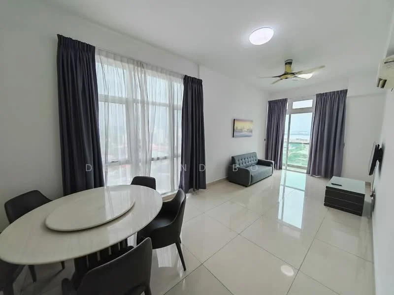 Living features: floor-to-ceiling windows, grey fabric sofa, round dining table, 4 black dining chairs, white walls, marble tile flooring, ceiling fan with light, curtains, TV console, wall-mounted TV; style: modern; view: city.
