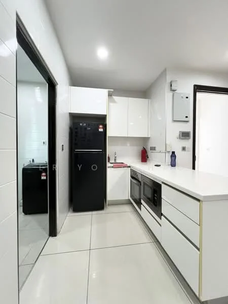 Kitchen features: white cabinetry, black fridge, built-in oven, stainless-steel dishwasher, white countertop, ceramic tile flooring, recessed downlights, single-bowl stainless-steel sink, chrome pull-down faucet, wall-mounted microwave, open shelving, black appliances, modern design; style: modern.