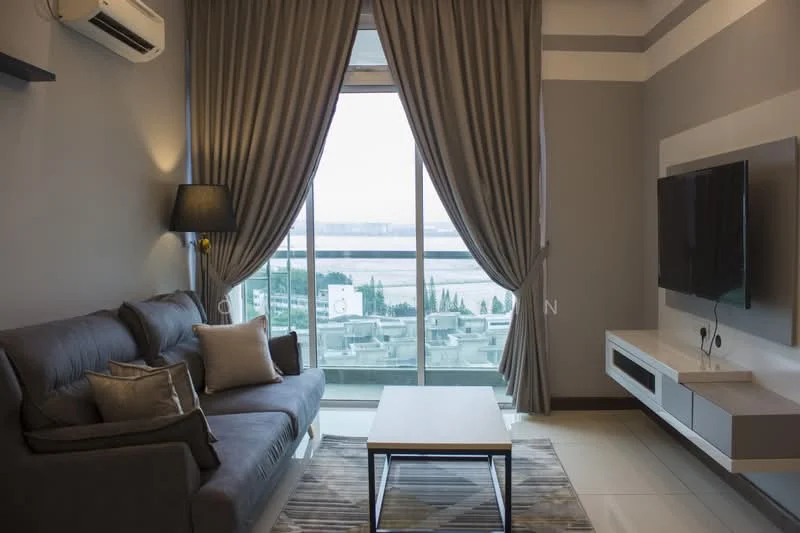 Living features: grey fabric sofa, decorative cushions, coffee table, wall-mounted TV, TV console, floor-to-ceiling windows, curtains, air conditioning unit, area rug with geometric pattern, light fixture, wall paneling, neutral wall color, tile flooring; style: modern; view: city.