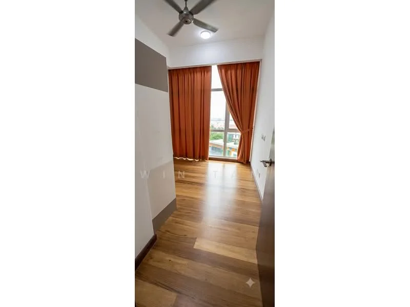 Room features: wooden flooring, orange curtains, floor-to-ceiling windows, ceiling fan, white painted walls, brown accent wall; style: modern; view: city.