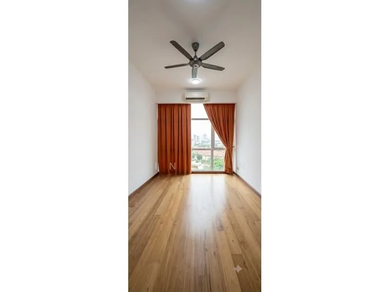 Bedroom features: wooden flooring, white painted walls, 5-blade ceiling fan with light, floor-to-ceiling windows, orange curtains, air conditioning unit, city view; style: modern; view: city.
