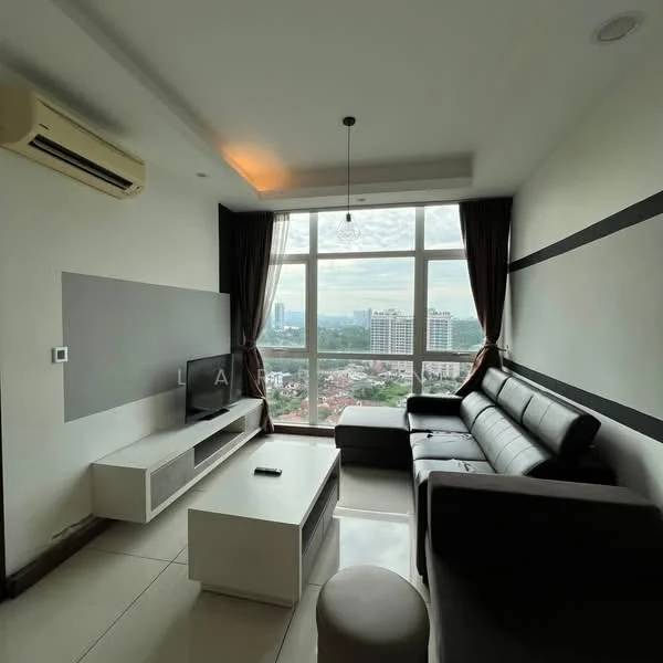 Living features: black leather sectional sofa, white coffee table, wall-mounted TV, TV console, floor-to-ceiling windows, city view, air conditioning unit, recessed lighting, dark curtains, light grey accent wall, cream tiled flooring; style: modern; view: city.