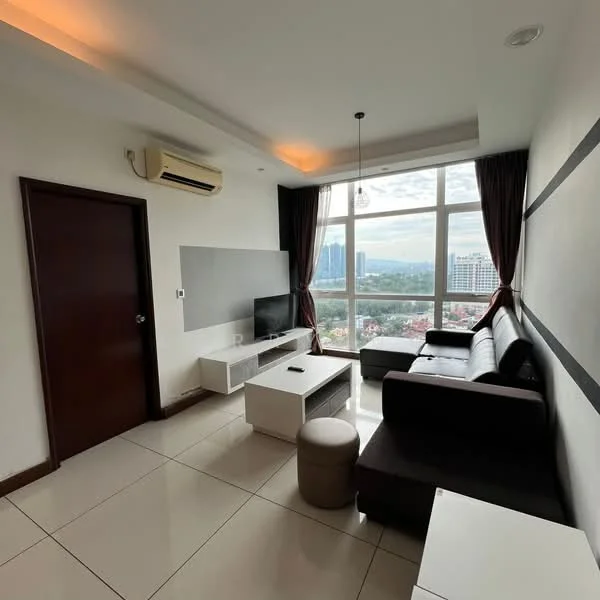 Living features: floor-to-ceiling windows, grey accent wall, white painted walls, ceramic tile flooring, 3-seater fabric sofa in black, white coffee table, TV console, wall-mounted TV, 1 ceiling fan, recessed downlights, curtains, decorative light fixture; style: modern; view: city.