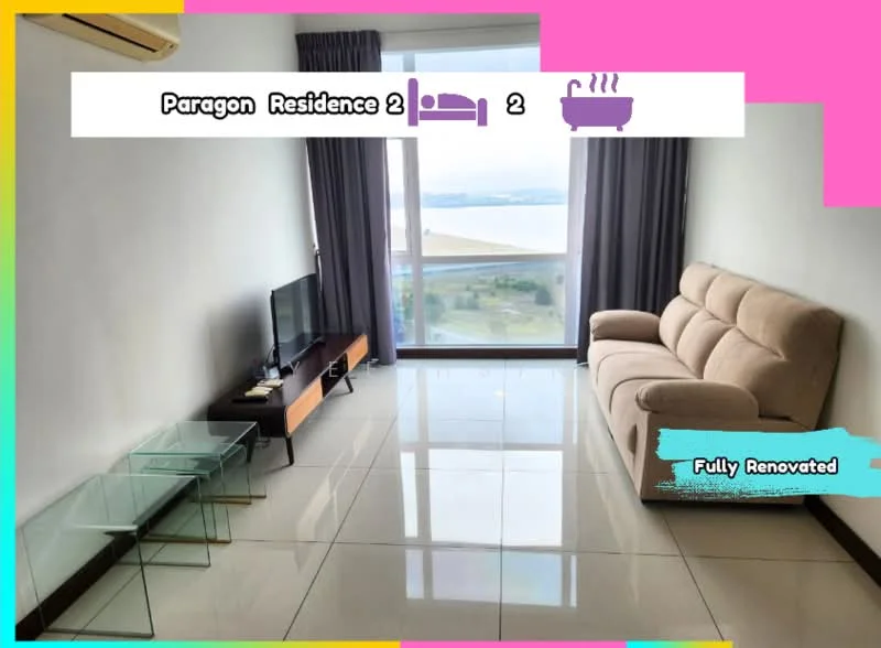 Living features: large floor-to-ceiling window with city view, beige fabric 3-seater sofa, black TV console, wall-mounted TV, glass coffee table, polished ceramic tile flooring, air conditioning unit, grey curtains, decorative wall art; style: modern; view: city.