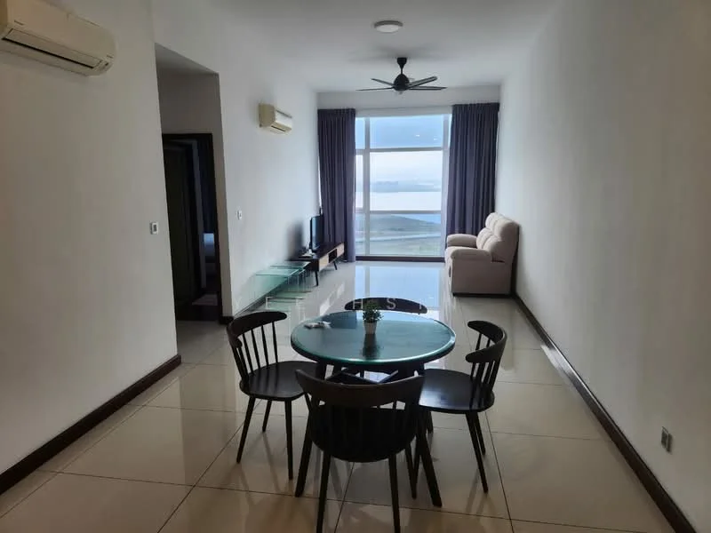 Living features: floor-to-ceiling windows, beige fabric sofa, glass coffee table, 6-seater round dining table, black dining chairs, wall-mounted TV, TV console, white painted walls, recessed downlights, cream tiled flooring, 1 ceiling fan; style: modern; view: sea.