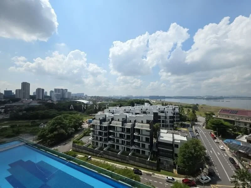 Exterior type: mid-rise condominium; features: glass curtain wall, surrounded by mature greenery, city skyline in background, waterfront view, manicured landscaping, open-air parking lot; style: modern.