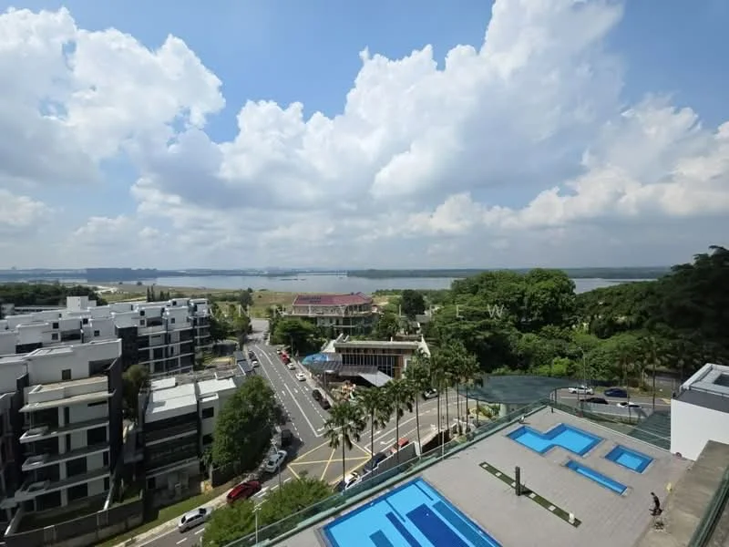 Exterior type: high-rise condominium; features: infinity pool, pool deck with loungers, surrounded by greenery, city skyline view, manicured lawn, nearby road access; style: modern.