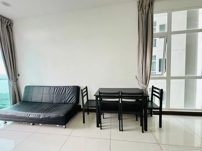 Living features: black leather sofa bed, black dining table with four chairs, white painted walls, glossy white tile flooring, floor-to-ceiling windows, sheer curtains, city view; style: modern; view: city.