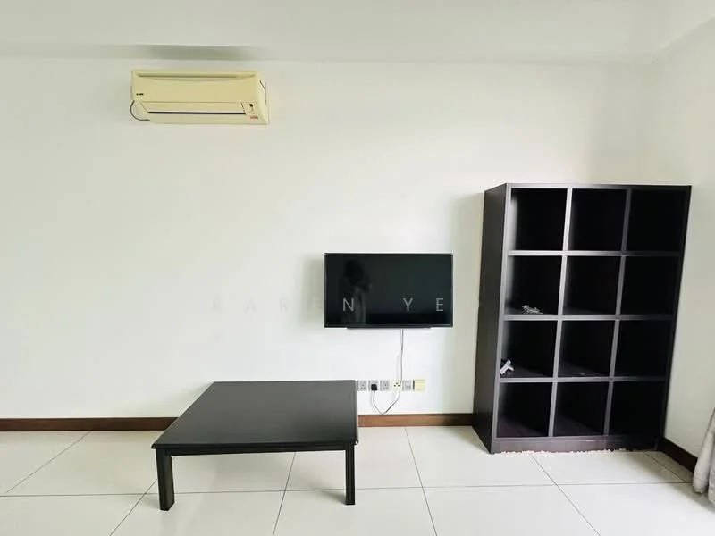 Living features: white painted walls, tile flooring, 1 wall-mounted split AC, black coffee table, wall-mounted TV, black shelving unit, cable management, neutral decor; style: modern.
