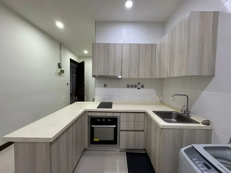 Kitchen features: light wood cabinetry, white countertop, built-in oven, stainless-steel sink, chrome faucet, ceramic tile backsplash, recessed downlights, white walls, floor-to-ceiling cabinets, washing machine, kitchen island, open layout; style: modern.