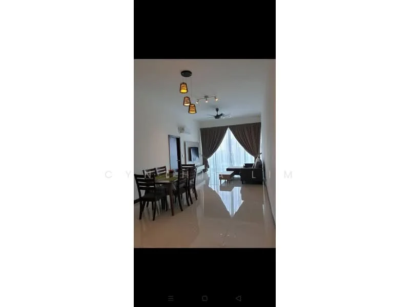 Living features: polished tile flooring, white painted walls, 5-blade ceiling fan with light, recessed downlights, large window with sheer curtains, brown curtains, dining table with chairs, sofa, decorative pendant lights; style: modern.