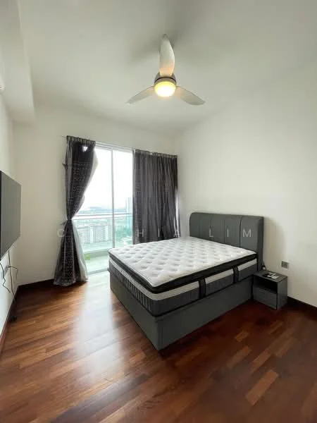 Bedroom features: king-size bed with upholstered headboard, floor-to-ceiling windows, dark curtains, light-colored walls, wooden flooring, ceiling fan with light, nightstand, wall-mounted TV; style: modern; view: city.