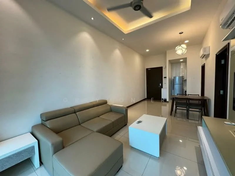 Living features: 3-seater leather sofa in beige, coffee table, wall-mounted TV, recessed downlights, ceiling fan, white painted walls, glossy tile flooring, dining table with chairs, open layout, kitchenette visible in background; style: modern.