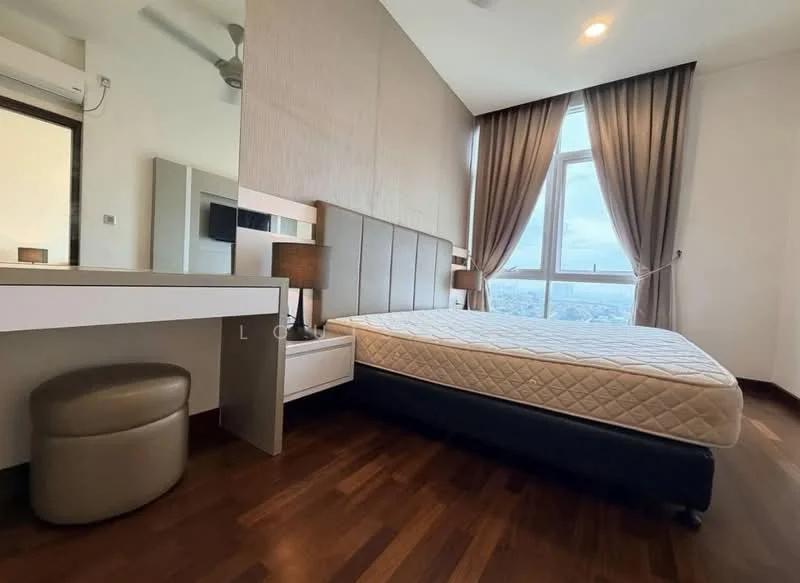 Bedroom features: queen-size bed, upholstered headboard, wooden flooring, floor-to-ceiling window, curtains, desk with drawer, table lamp, round stool, wall-mounted air conditioning unit, decorative wall paneling, recessed ceiling lights; style: modern; view: city.