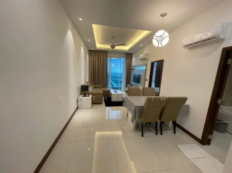 Living features: white painted walls, tray ceiling with recessed lighting, 5-blade ceiling fan with light, floor-to-ceiling windows, curtains, tile flooring, sofa set, dining table with chairs, air conditioning unit; style: modern; view: city.