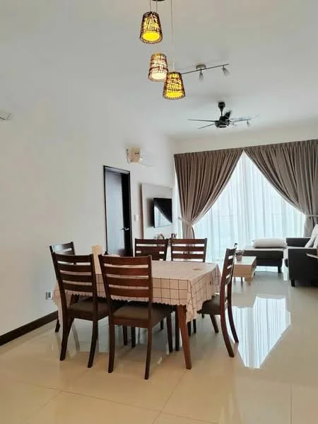 Dining features: 6-seater wooden dining table, wooden dining chairs, tablecloth on dining table, pendant lighting with woven shades, white painted walls, glossy tile flooring, floor-to-ceiling windows with sheer curtains, ceiling fan with light, wall-mounted TV, sofa in background; style: modern; view: city.