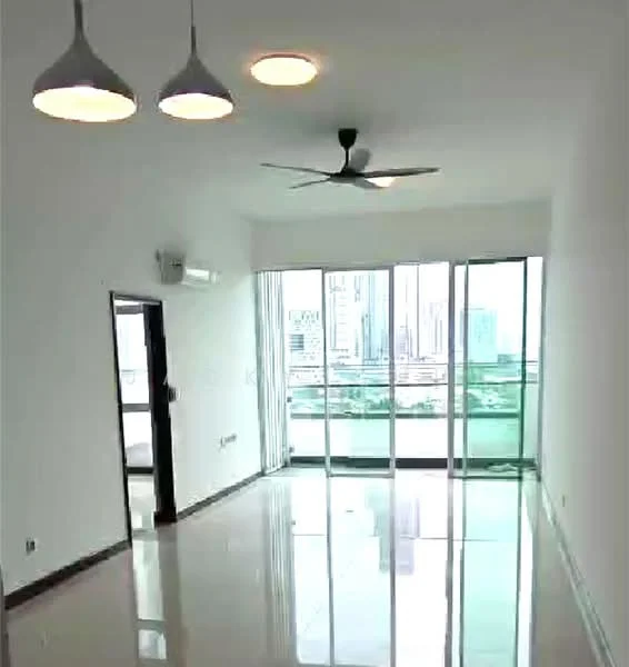 Living features: white painted walls, polished tile flooring, 5-blade ceiling fan with light, recessed downlights, floor-to-ceiling windows, sliding glass door, city view, air conditioning unit; style: modern; view: city.