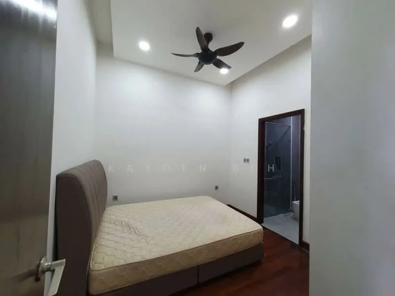 Bedroom features: queen-size bed, 5-blade ceiling fan with light, wood flooring, white painted walls, recessed downlights, built-in wardrobe, doorway to bathroom, window with no visible treatment; style: modern.