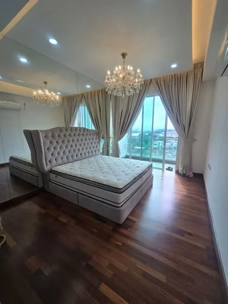 Bedroom features: king-size bed, upholstered headboard with tufting, wooden flooring, floor-to-ceiling windows, sheer curtains, chandelier lighting, recessed downlights, mirrored wall, decorative wall paneling; style: modern; view: city.