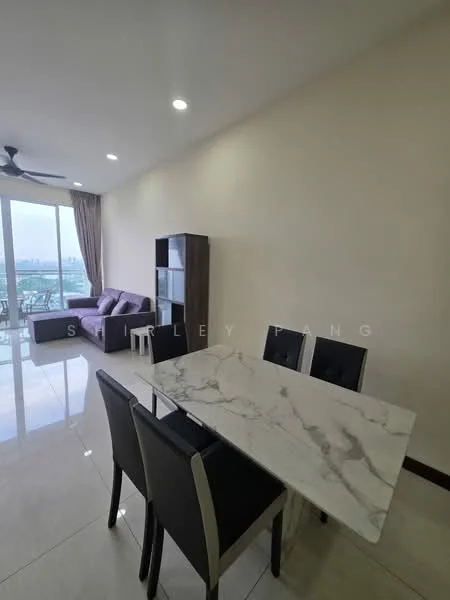 Dining features: marble dining table, 4 black upholstered dining chairs, white painted walls, large windows with city view, sliding glass door, floor-to-ceiling windows, grey fabric sofa, wooden cabinet, recessed downlights, ceramic tile flooring, ceiling fan; style: modern; view: city.