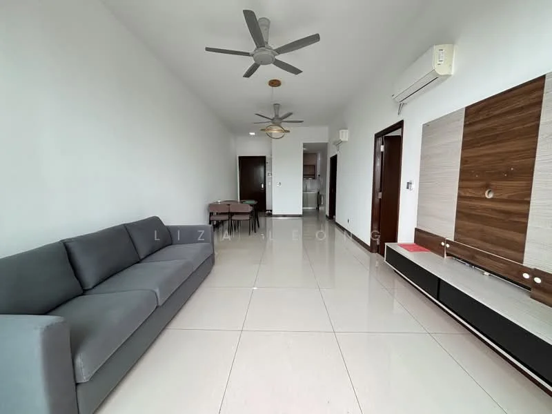 Living features: grey fabric sofa, 2 ceiling fans, white painted walls, glossy tile flooring, wall-mounted TV console with wood finish, recessed lighting, air conditioning unit, dining table in background; style: modern.