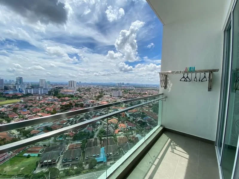 Room features: glass balcony railing, tile flooring, outdoor clothes rack, city skyline view, cloudy sky, urban landscape; style: modern; view: city.