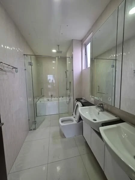 Bathroom features: glass shower enclosure, walk-in shower with rain shower head, freestanding bathtub, single-sink vanity with white cabinet, chrome basin mixer faucet, framed mirror, one-piece toilet, tile flooring, white tiled walls, window for natural light, recessed lighting; style: modern.