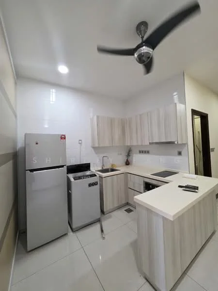 Kitchen features: white tiled walls, light wood cabinetry, grey countertop, stainless-steel sink, chrome pull-down faucet, built-in electric stove, refrigerator, washing machine, ceiling fan, recessed LED downlights, ceramic tile flooring; style: modern.