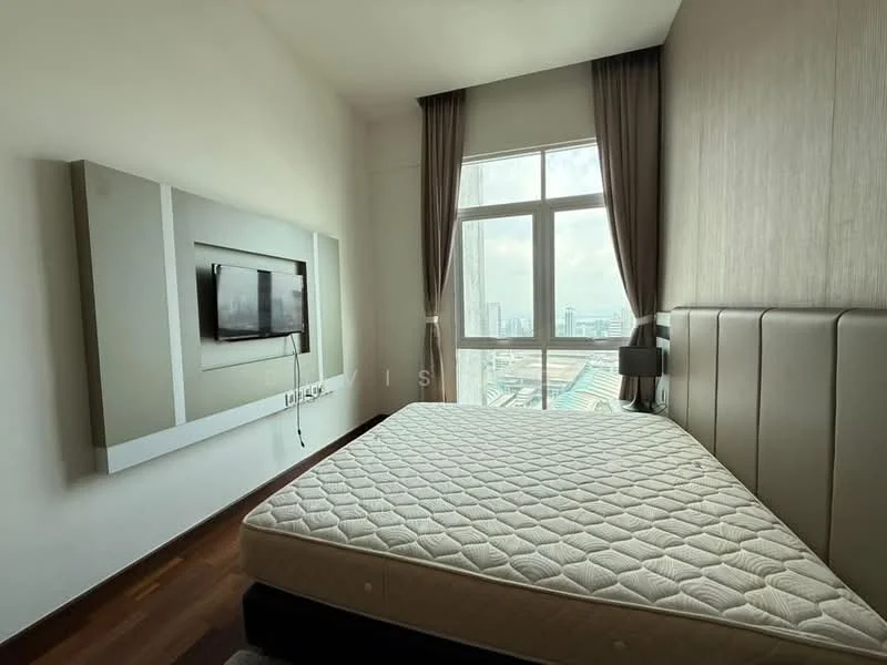 Bedroom features: king-size bed, upholstered headboard, wall-mounted TV, floor-to-ceiling window, curtains, wooden flooring, decorative wall panel, city view; style: modern; view: city.