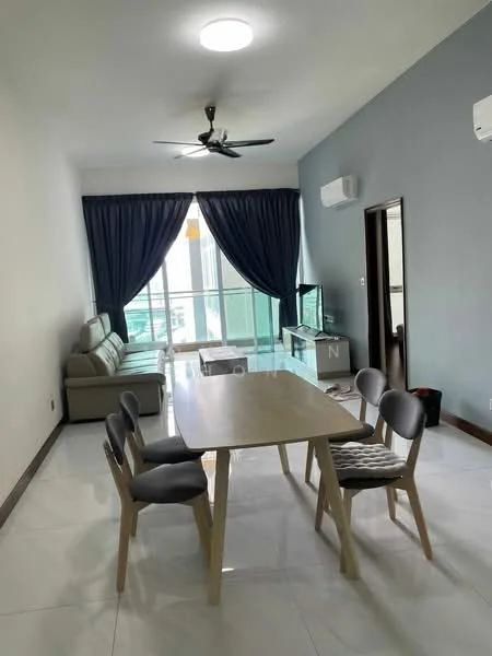 Living features: 3-seater fabric sofa in light grey, 4-seater dining table with wooden legs, grey upholstered dining chairs, floor-to-ceiling windows, curtains in dark blue, white painted walls, polished ceramic tile flooring, ceiling fan with light, wall-mounted air conditioning unit; style: modern; view: city.