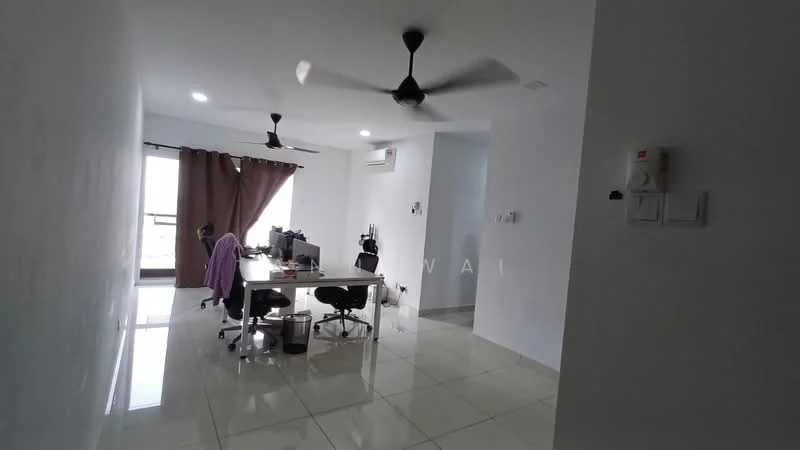 Study features: white painted walls, glossy tile flooring, 5-blade ceiling fan, wall-mounted split AC, large window with city view, desk with chairs, curtains, waste bin; style: modern; view: city.