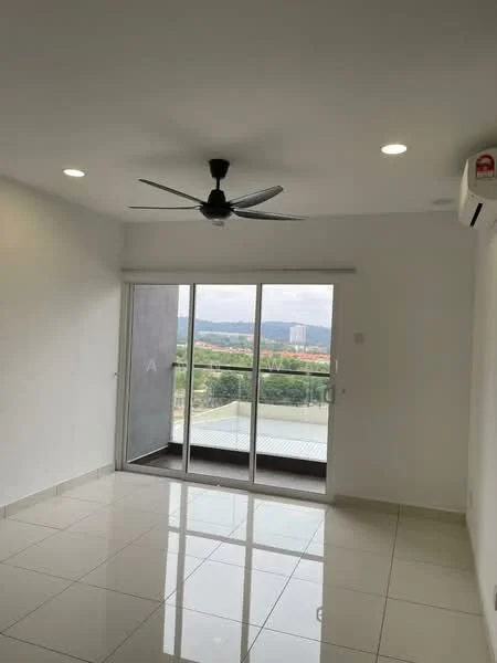 Living features: white painted walls, glossy ceramic tile flooring, 5-blade ceiling fan with light, floor-to-ceiling sliding glass door, balcony view, recessed downlights, wall-mounted split AC; style: modern; view: city.