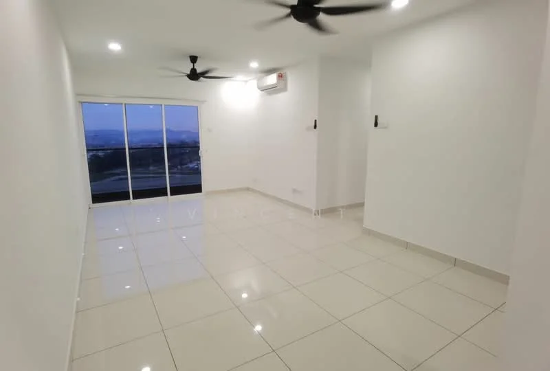 Living features: white painted walls, glossy ceramic tile flooring, 2 ceiling fans, sliding glass door, floor-to-ceiling windows, air conditioning unit, neutral color scheme, natural light from windows; style: modern; view: city.