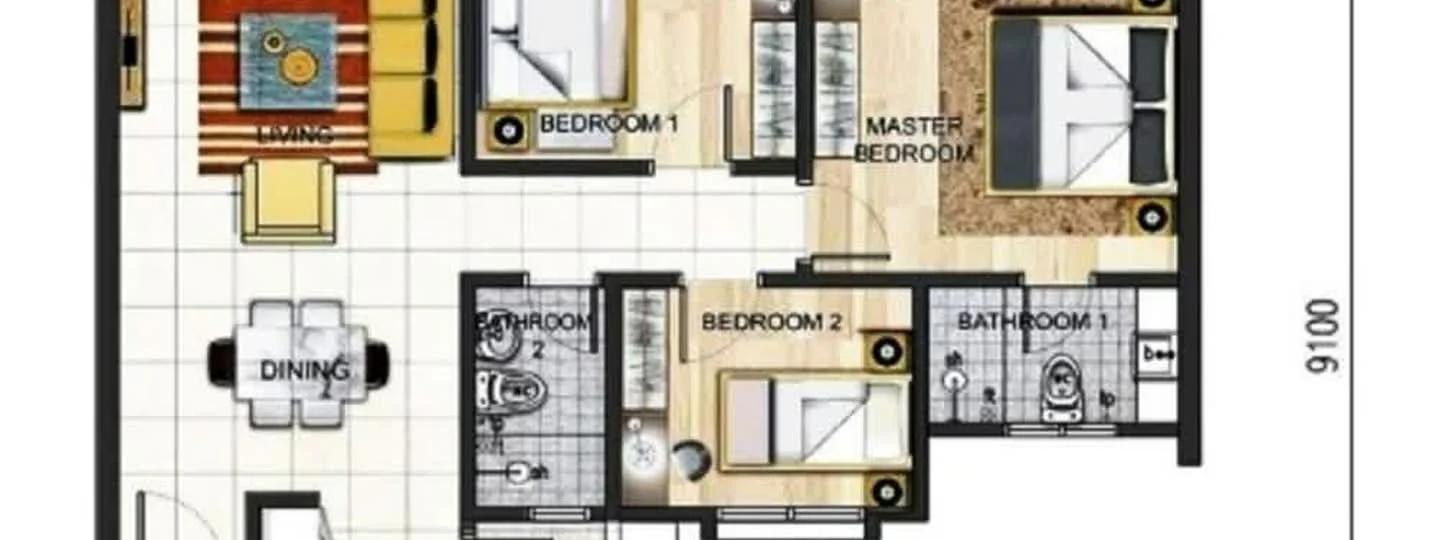 Floor plan: 3-bedroom 2-bathroom unit; features: open-plan kitchen-dining-living, master bedroom with ensuite bathroom, bedroom 2 with shared bathroom, utility room, central foyer, 1 car porch.