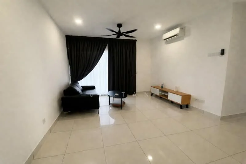 Living features: white painted walls, glossy tile flooring, 5-blade ceiling fan with light, floor-to-ceiling windows, blackout curtains, black leather sofa, round coffee table, TV console, wall-mounted air conditioning unit; style: modern.